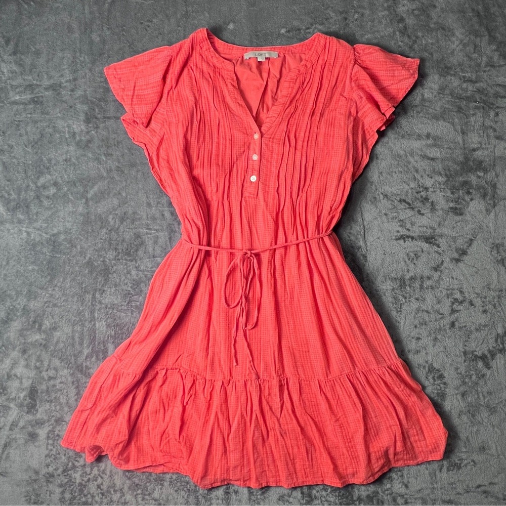LOFT Womens Coral Orange Seersucker Tiered Mini Dress Flutter Sleeve Size L
